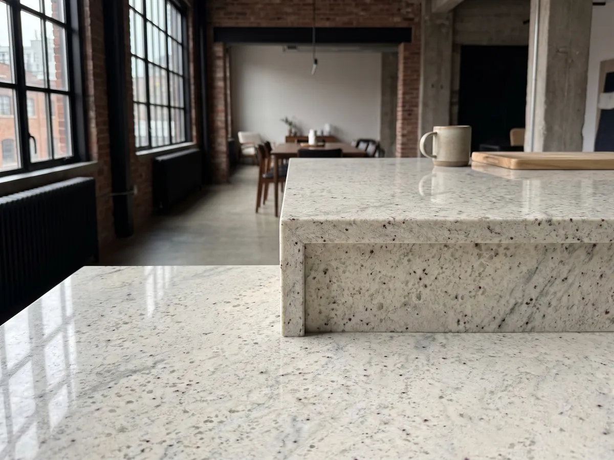 Isla de cocina con cubierta de granito blanco Kashmir White y canto recto en una cocina con luz natural: blanco marfil con puntos granate y nubes gris verdoso suaves