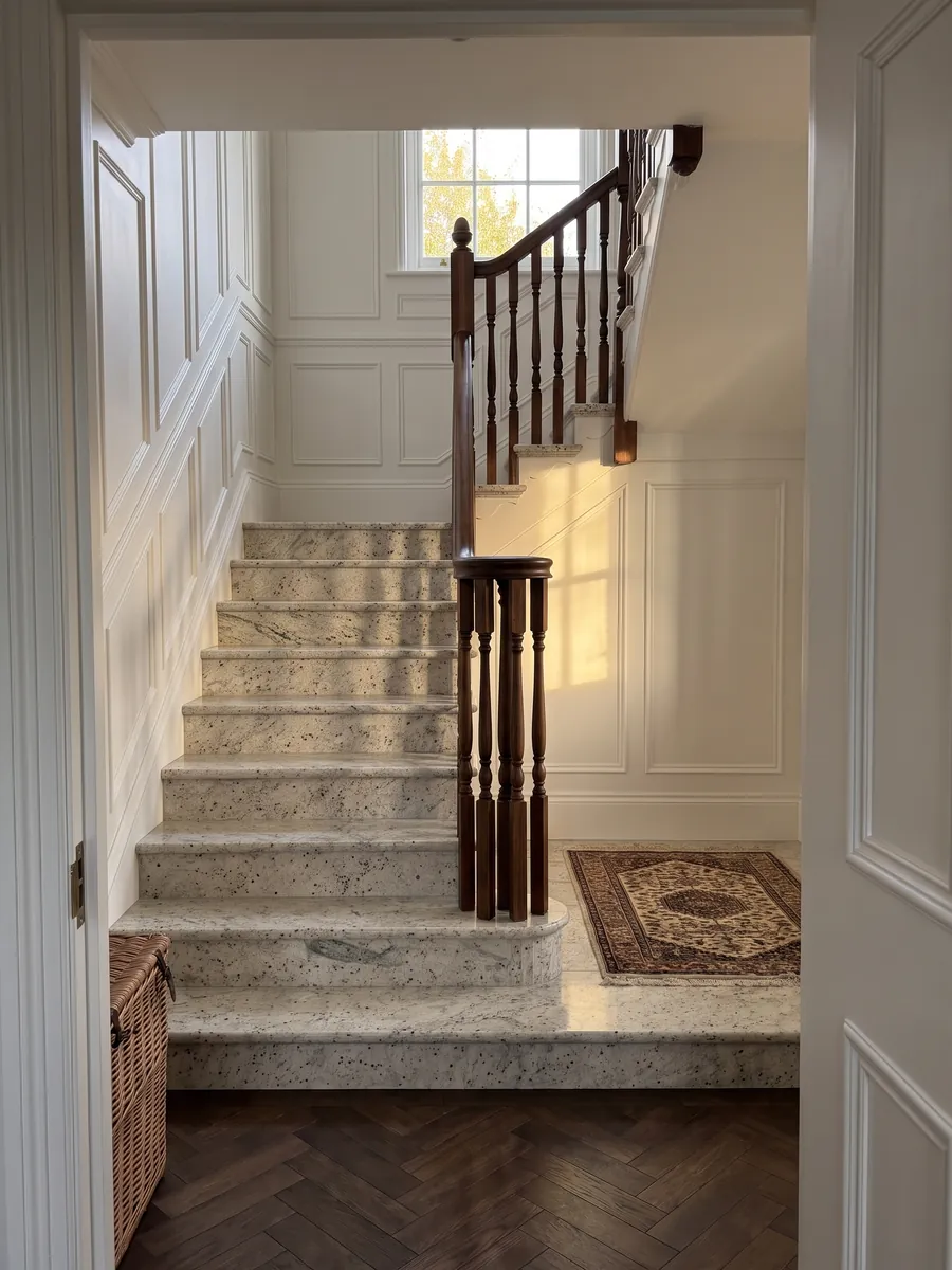 Escalera interior con peldaños de granito blanco Kashmir White con pasamanos: blanco marfil con puntos granate y nubes gris verdoso suaves