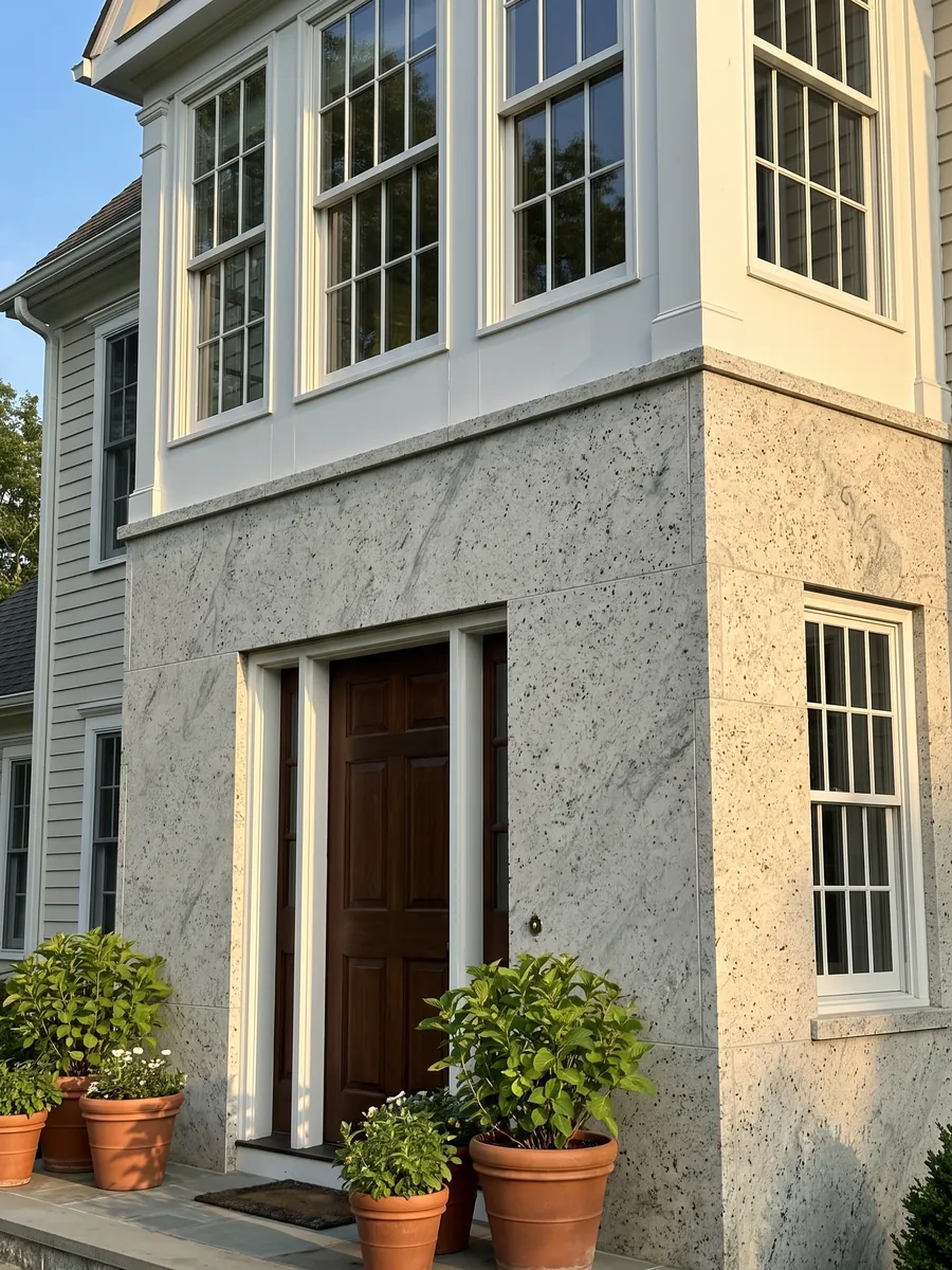 Fachada de casa revestida con granito blanco Kashmir White junto a una puerta de madera: blanco marfil con puntos granate y nubes gris verdoso suaves
