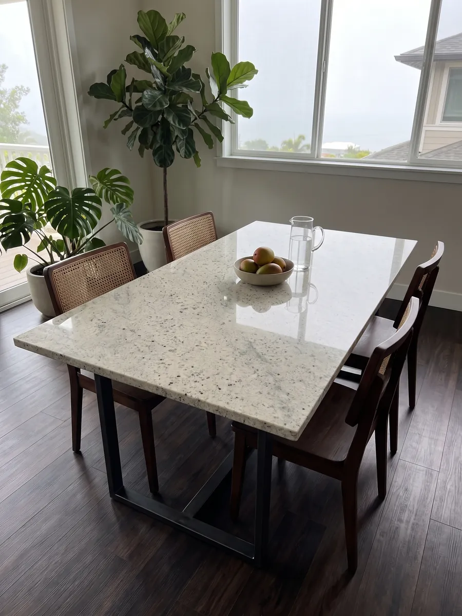 Mesa de comedor con cubierta de granito blanco Kashmir White sobre base de acero: blanco marfil con puntos granate y nubes gris verdoso suaves
