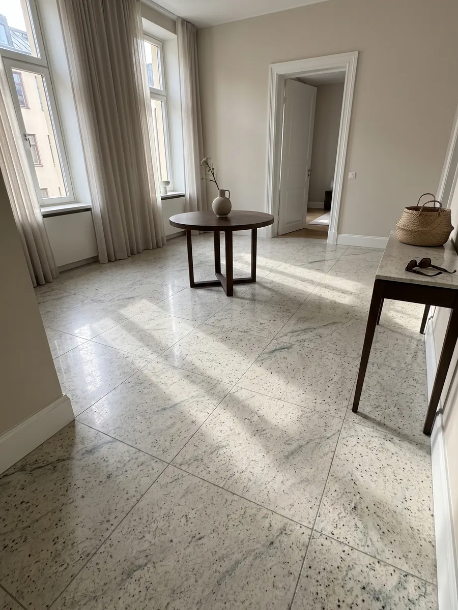 Piso de recibidor en placas grandes de granito blanco Kashmir White con luz natural: blanco marfil con puntos granate y nubes gris verdoso suaves