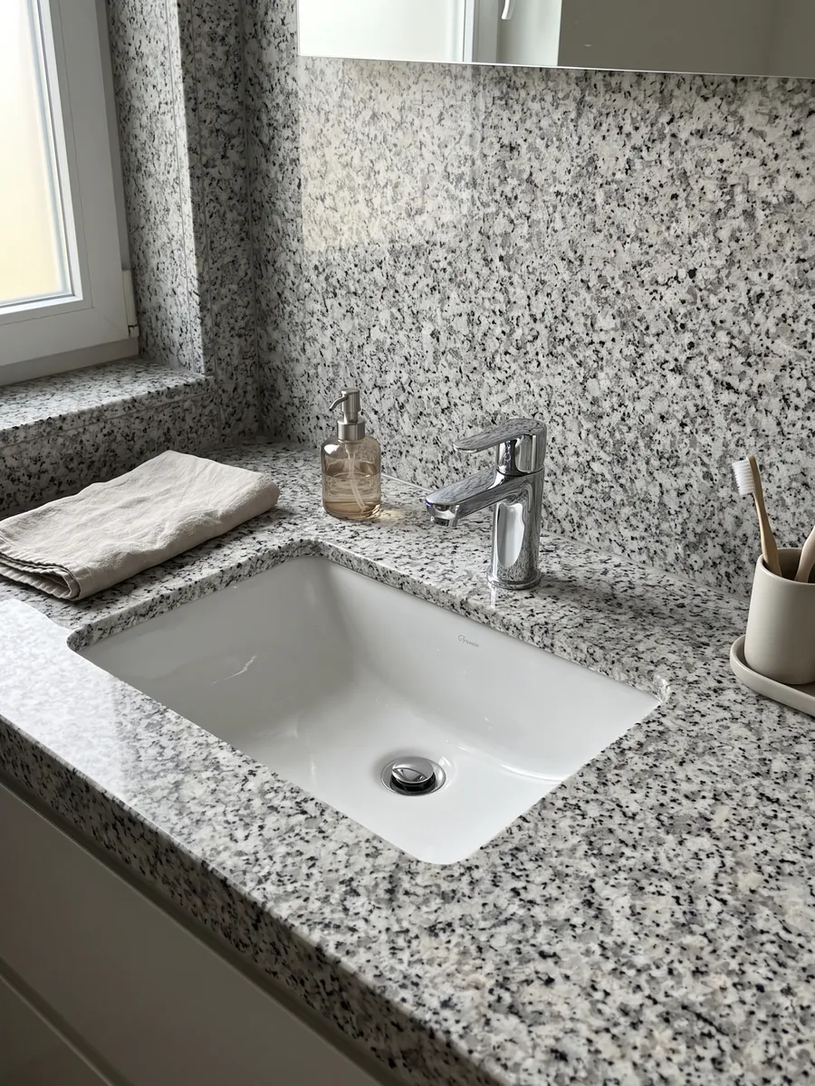Cubierta de lavabo y pared de baño en granito blanco Sardo Bianco con lavamanos blanco y grifería cromada: blanco de grano grueso con cristales grises y negros