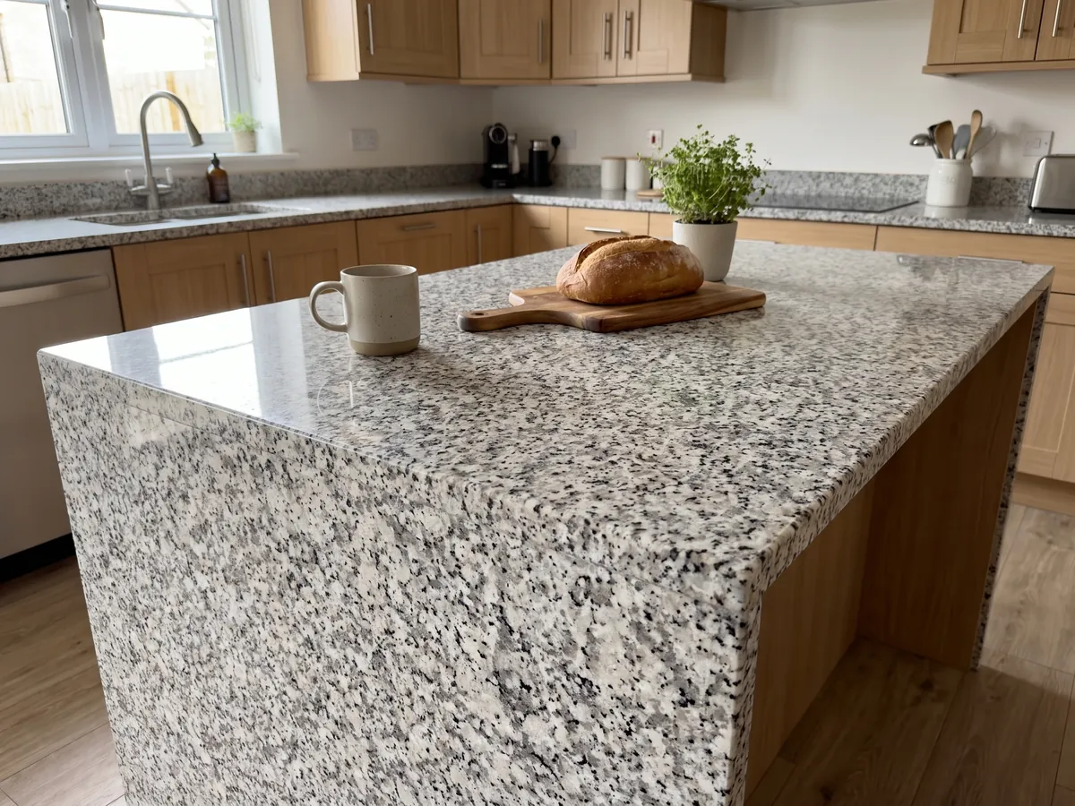 Isla de cocina con cubierta de granito blanco Sardo Bianco y canto recto en una cocina con luz natural: blanco de grano grueso con cristales grises y negros