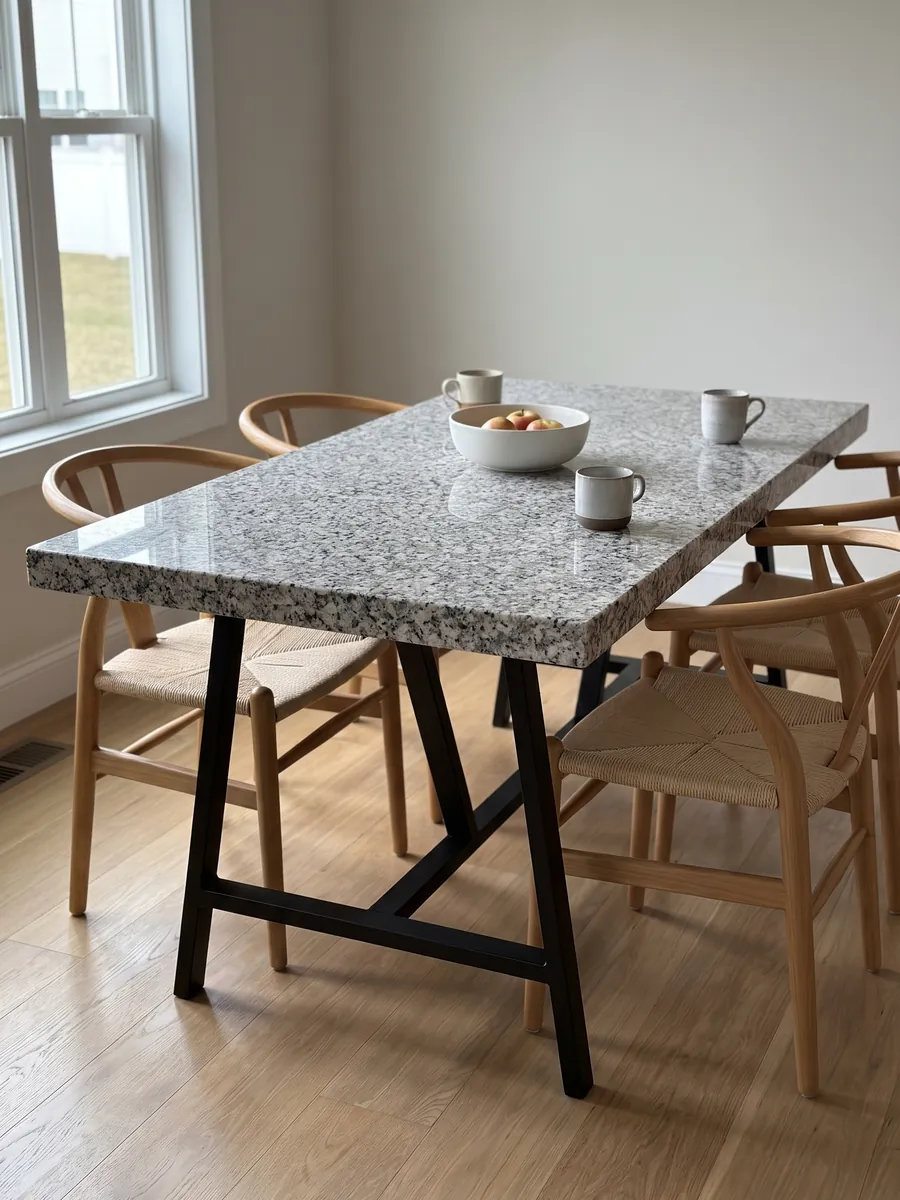 Mesa de comedor con cubierta de granito blanco Sardo Bianco sobre base de acero: blanco de grano grueso con cristales grises y negros