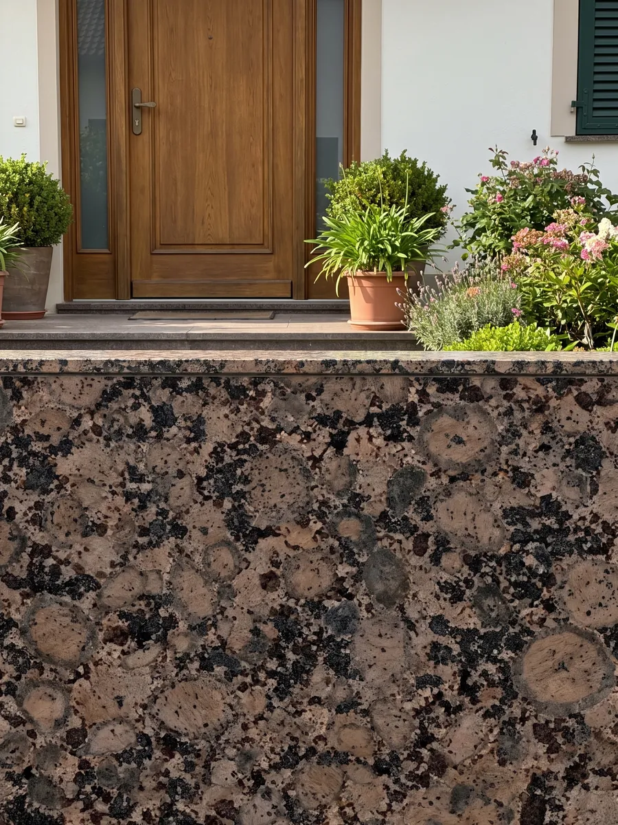 Fachada de casa revestida con granito café Baltic Brown junto a una puerta de madera: granos redondos marrones con anillos sobre fondo moteado negro