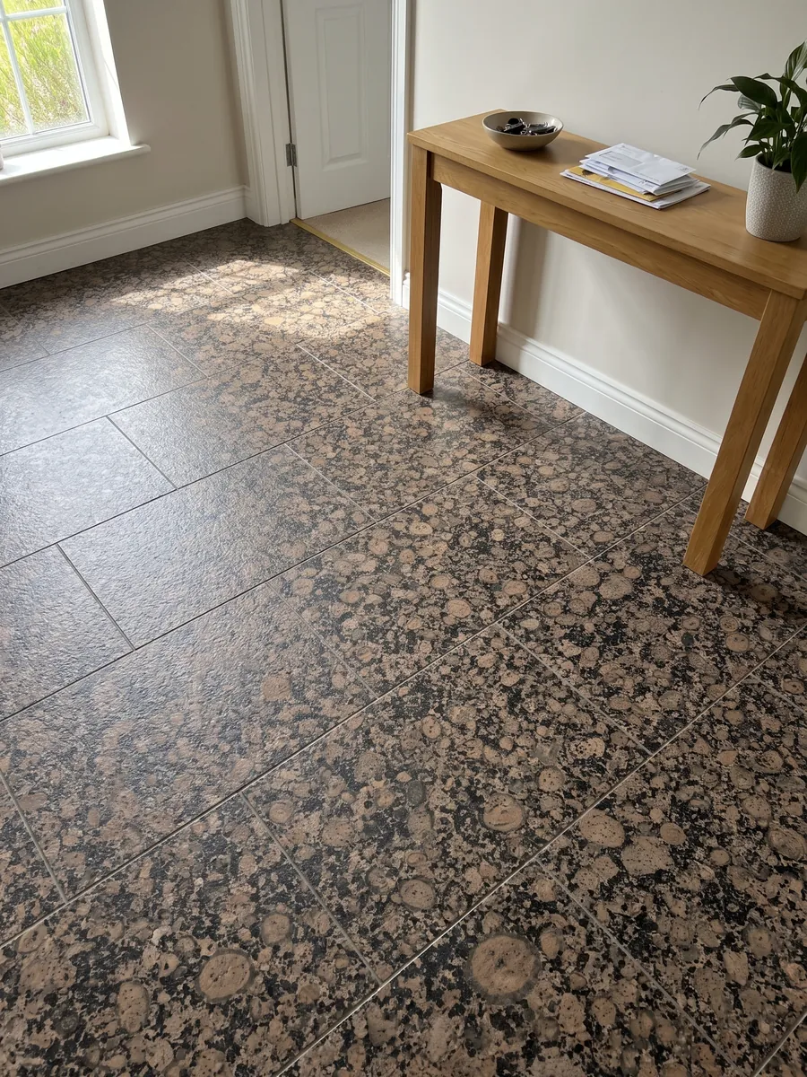 Piso de recibidor en placas grandes de granito café Baltic Brown con luz natural: granos redondos marrones con anillos sobre fondo moteado negro