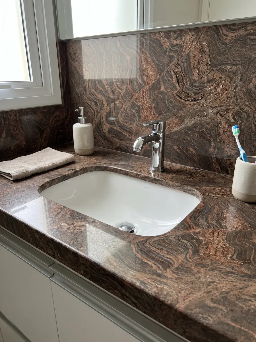Cubierta de lavabo y pared de baño en granito café Juparana Dourado con lavamanos blanco y grifería cromada: marrón ocre con ondas y remolinos rojizos muy movidos