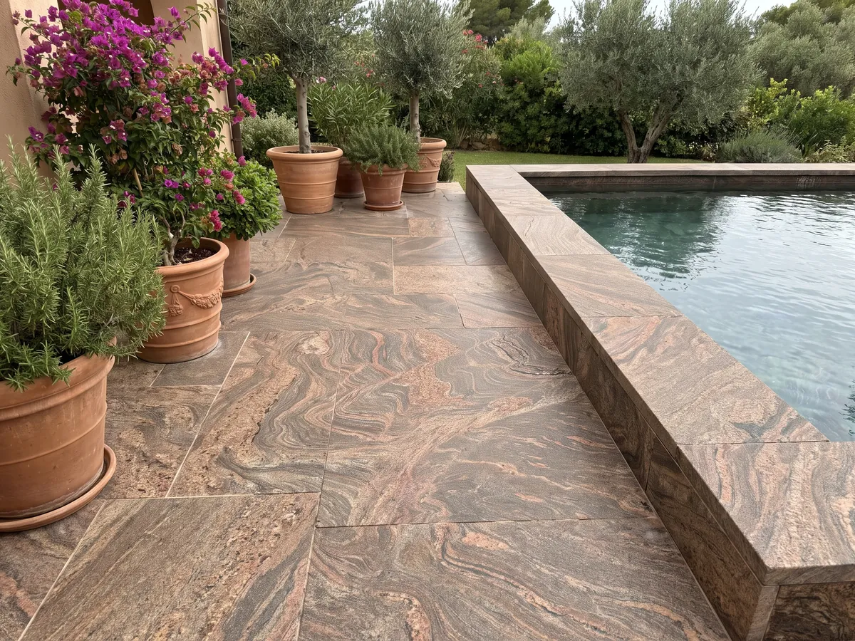 Piso de terraza y borde de piscina en granito café Juparana Dourado con macetas: marrón ocre con ondas y remolinos rojizos muy movidos