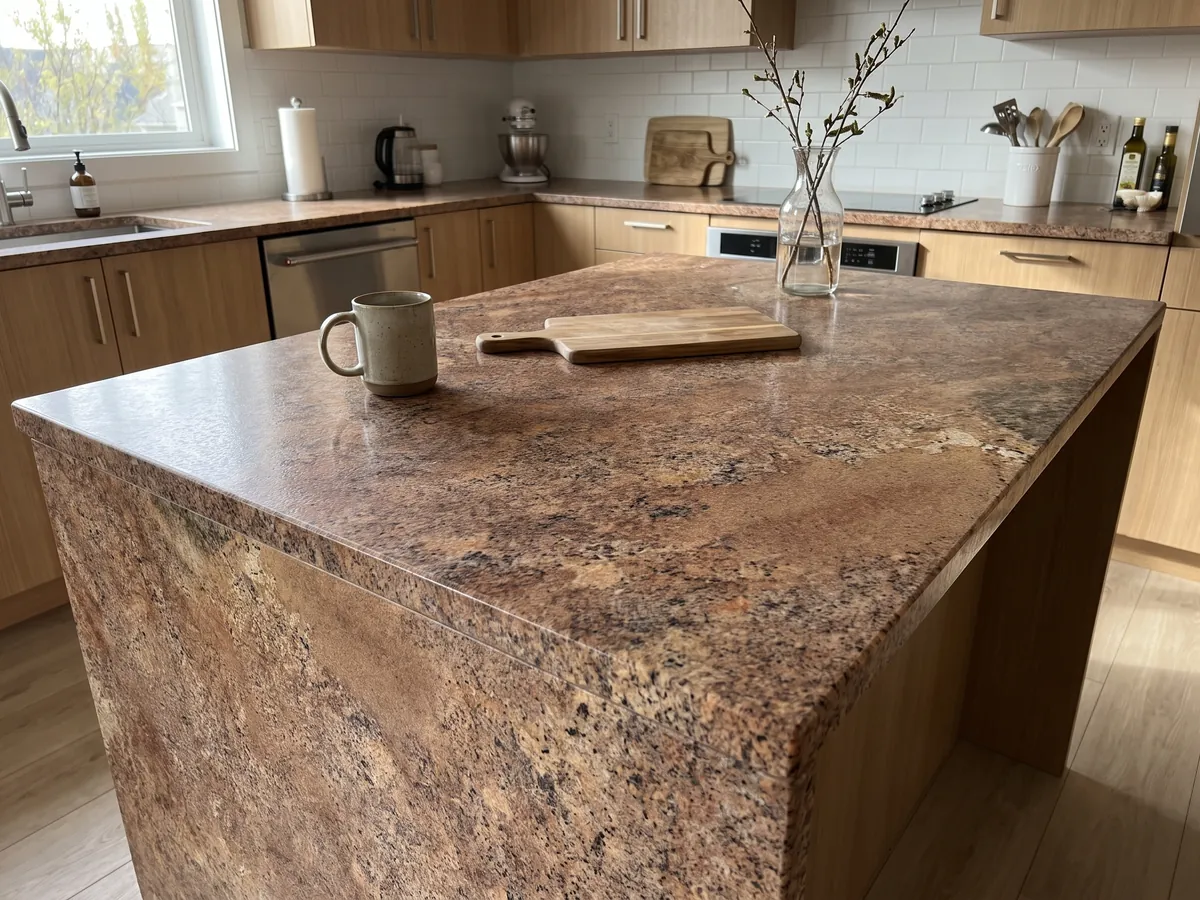 Isla de cocina con cubierta de granito café Juparana Florence y canto recto en una cocina con luz natural: marrón cobrizo granulado con zonas beige difusas