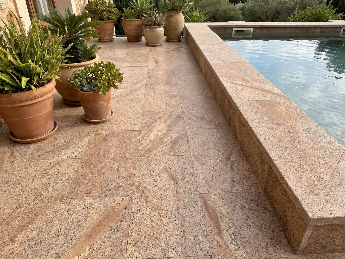 Piso de terraza y borde de piscina en granito café Juparana Florence con macetas: marrón cobrizo granulado con zonas beige difusas