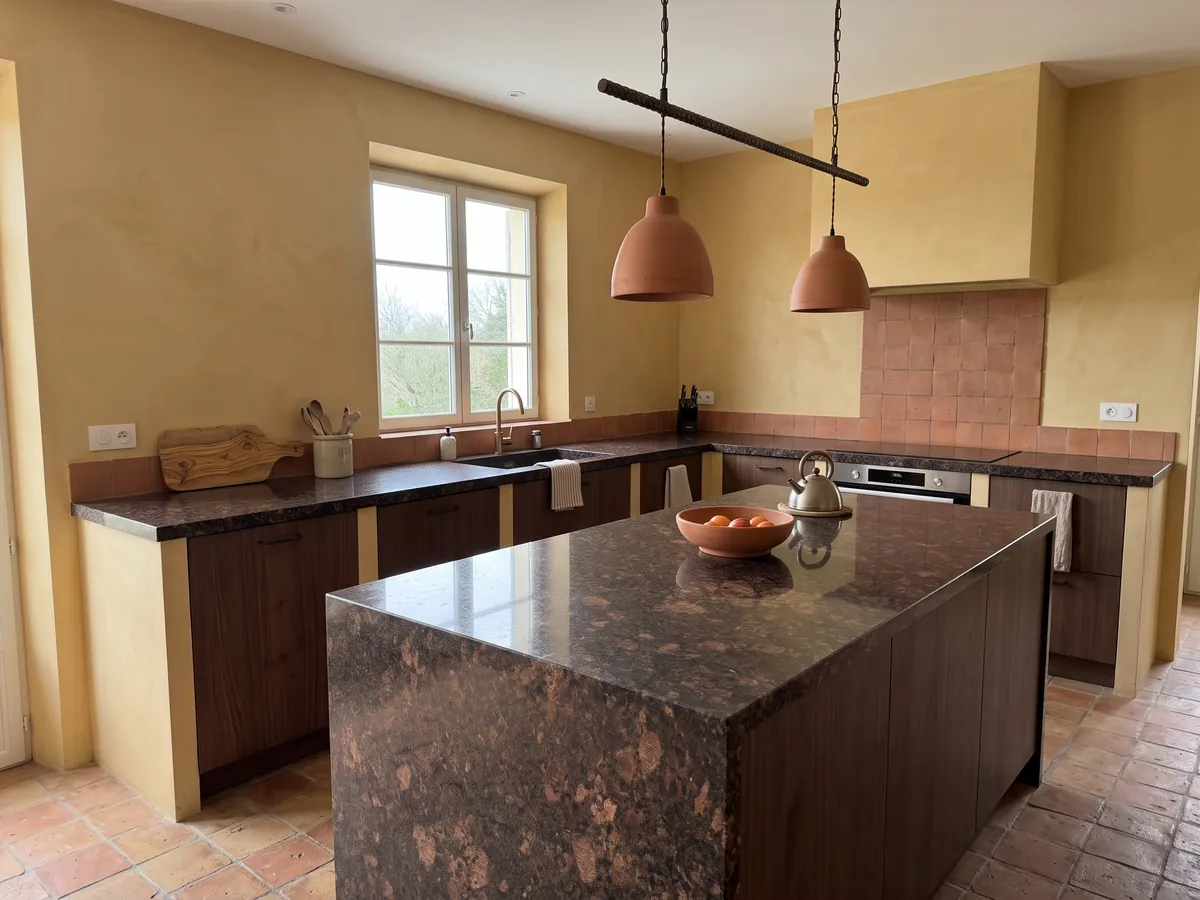 Isla de cocina con cubierta de granito café Tan Brown y canto recto en una cocina con luz natural: marrón chocolate con manchas cobrizas grandes y puntos negros