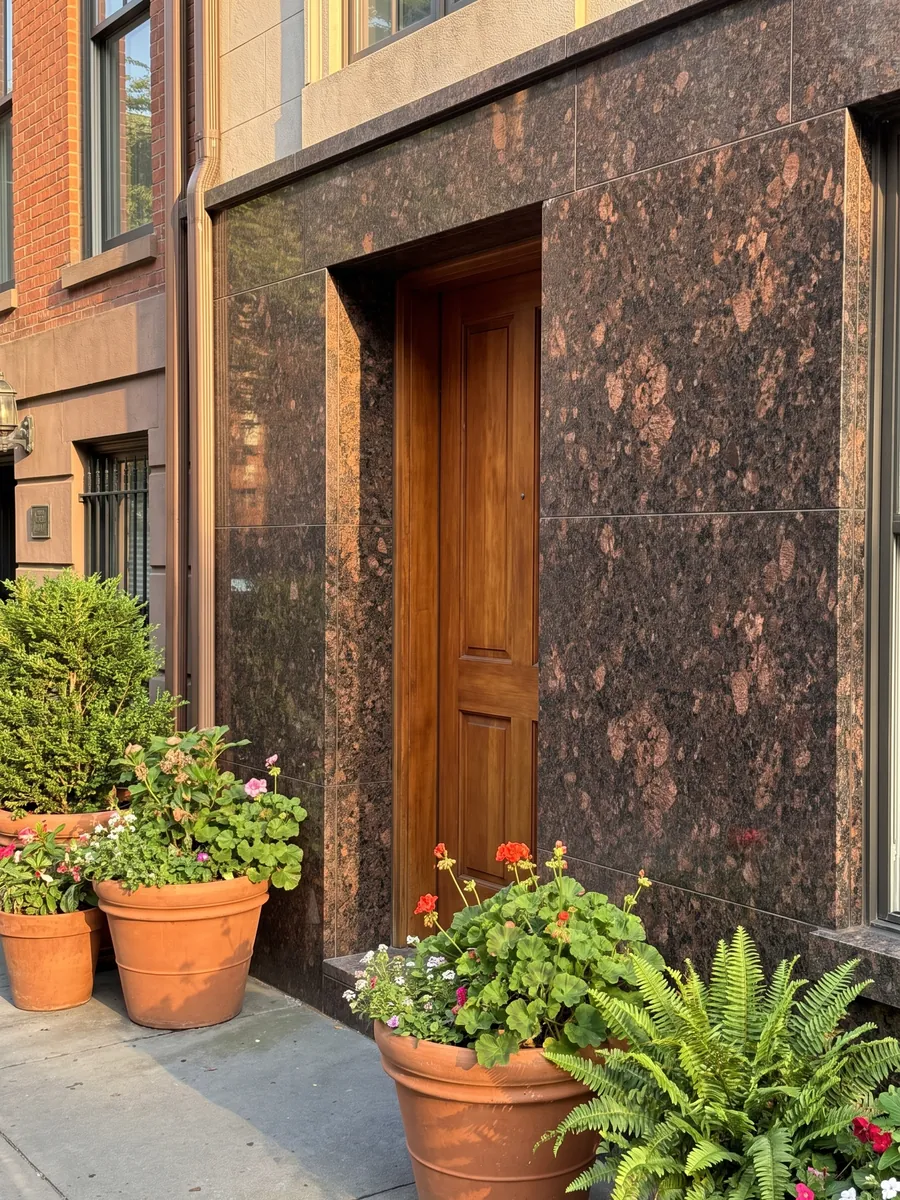 Fachada de casa revestida con granito café Tan Brown junto a una puerta de madera: marrón chocolate con manchas cobrizas grandes y puntos negros