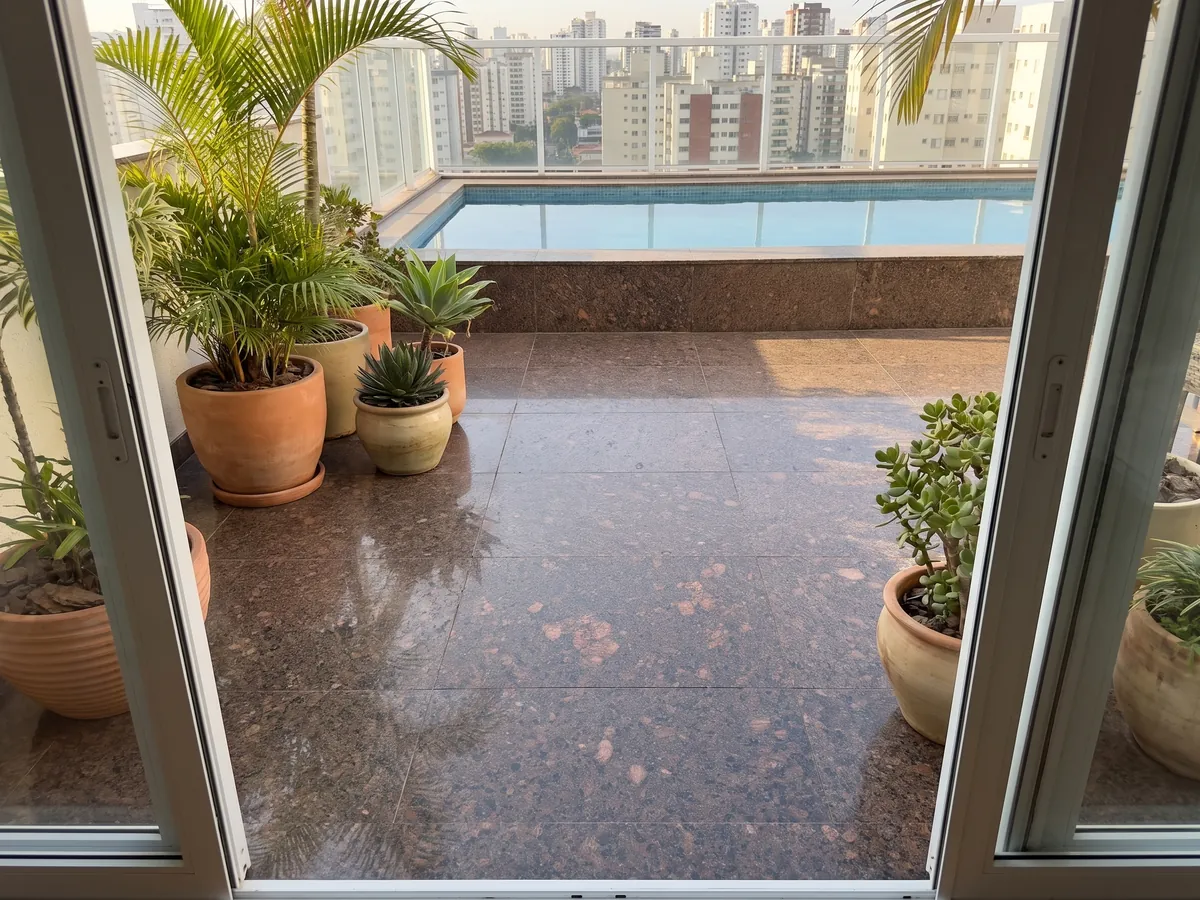 Piso de terraza y borde de piscina en granito café Tan Brown con macetas: marrón chocolate con manchas cobrizas grandes y puntos negros