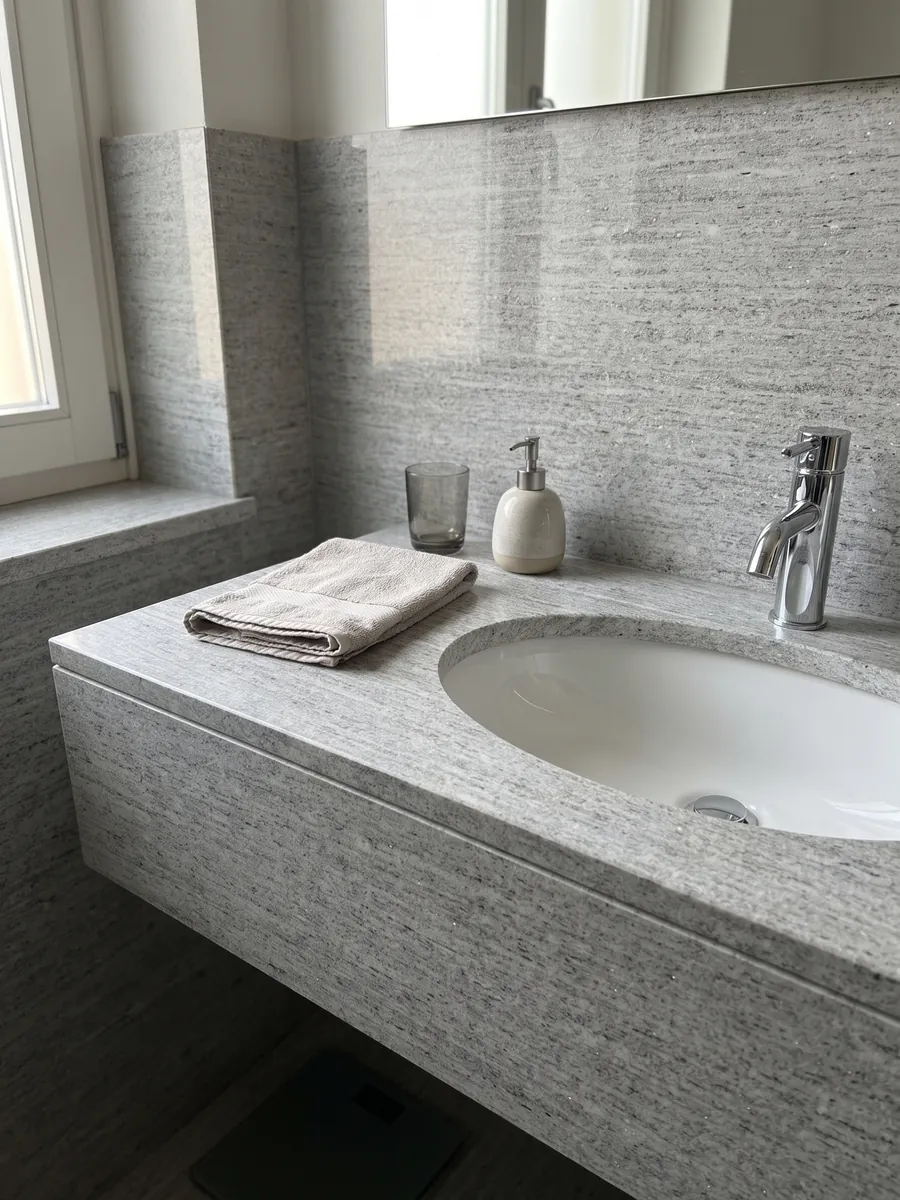 Cubierta de lavabo y pared de baño en granito gris Beola Bianca con lavamanos blanco y grifería cromada: gris claro con rayado horizontal fino y pequeños brillos