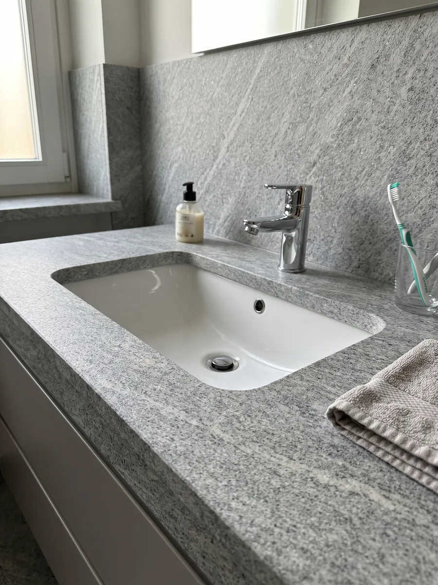 Cubierta de lavabo y pared de baño en granito gris Beola Grigia con lavamanos blanco y grifería cromada: gris claro granulado con estrías finas en diagonal