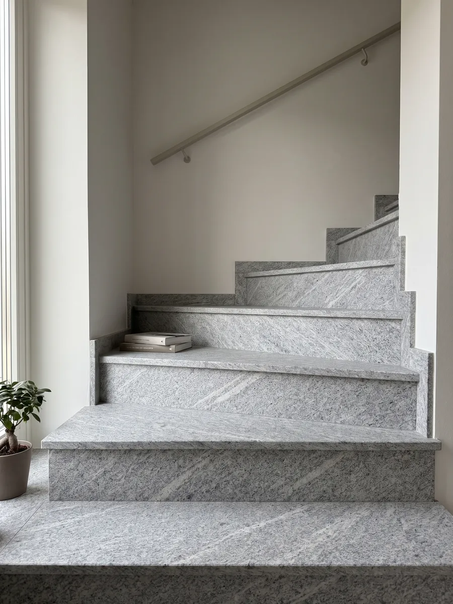 Escalera interior con peldaños de granito gris Beola Grigia con pasamanos: gris claro granulado con estrías finas en diagonal