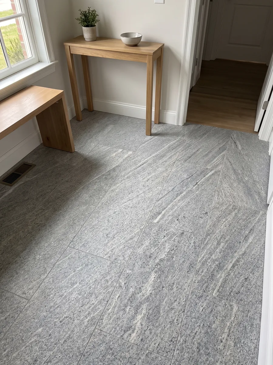 Piso de recibidor en placas grandes de granito gris Beola Grigia con luz natural: gris claro granulado con estrías finas en diagonal