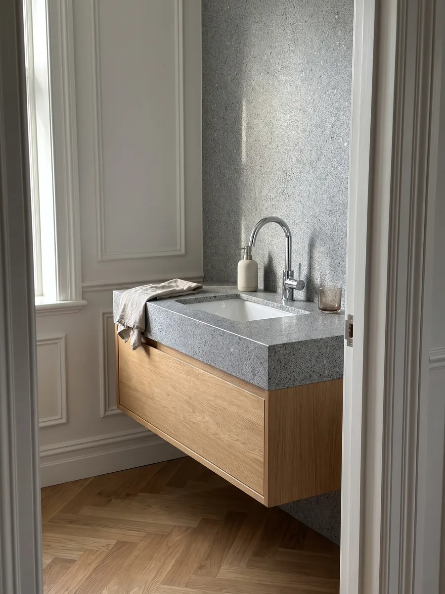 Cubierta de lavabo y pared de baño en Granito Gris Mara con lavamanos blanco y grifería cromada: gris neutro con grano fino blanco y negro repartido de forma pareja