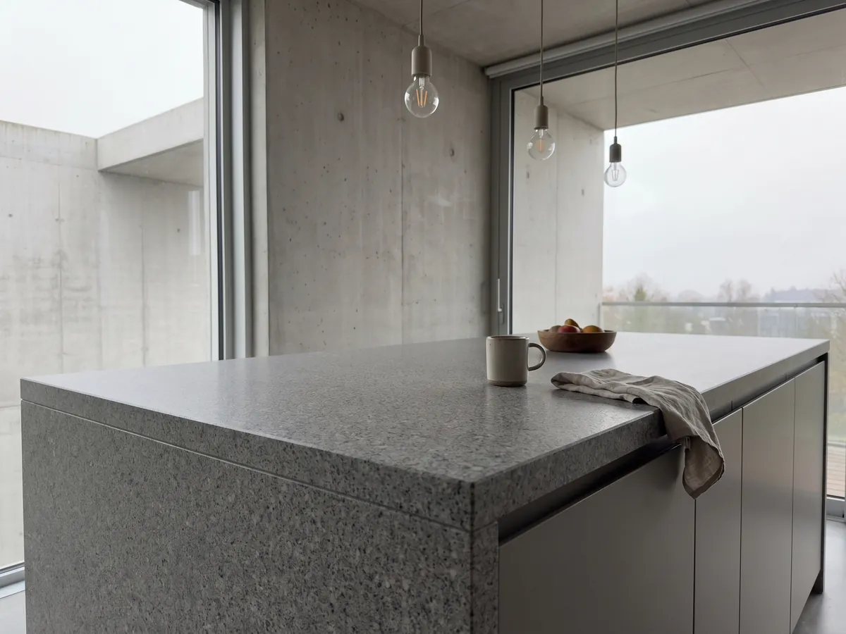 Isla de cocina con cubierta de Granito Gris Mara y canto recto en una cocina con luz natural: gris neutro con grano fino blanco y negro repartido de forma pareja