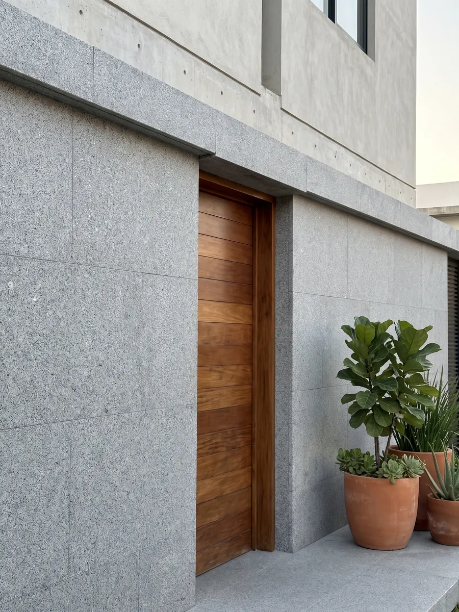 Fachada de casa revestida con Granito Gris Mara junto a una puerta de madera: gris neutro con grano fino blanco y negro repartido de forma pareja
