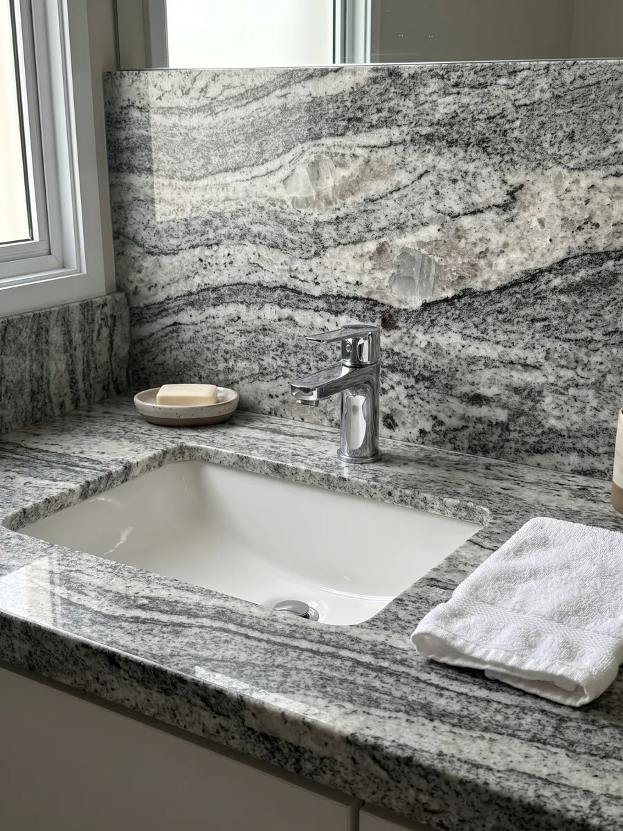 Cubierta de lavabo y pared de baño en granito gris Piracema White con lavamanos blanco y grifería cromada: bandas onduladas gris y blanco con un gran fragmento claro