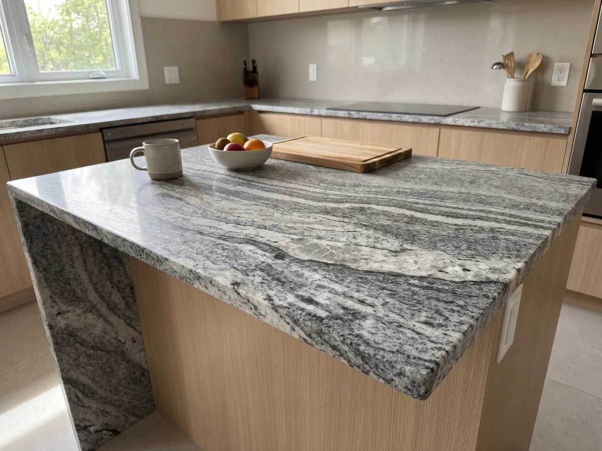 Isla de cocina con cubierta de granito gris Piracema White y canto recto en una cocina con luz natural: bandas onduladas gris y blanco con un gran fragmento claro
