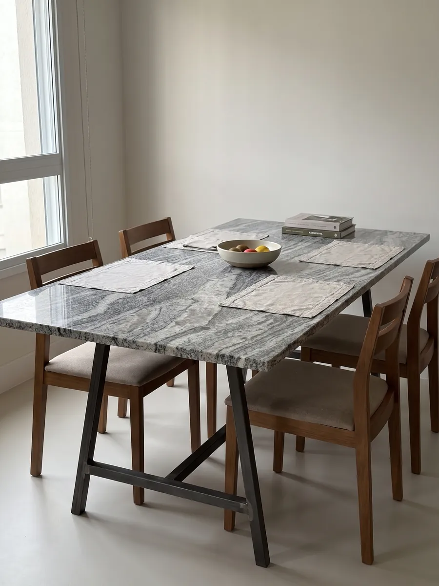 Mesa de comedor con cubierta de granito gris Piracema White sobre base de acero: bandas onduladas gris y blanco con un gran fragmento claro