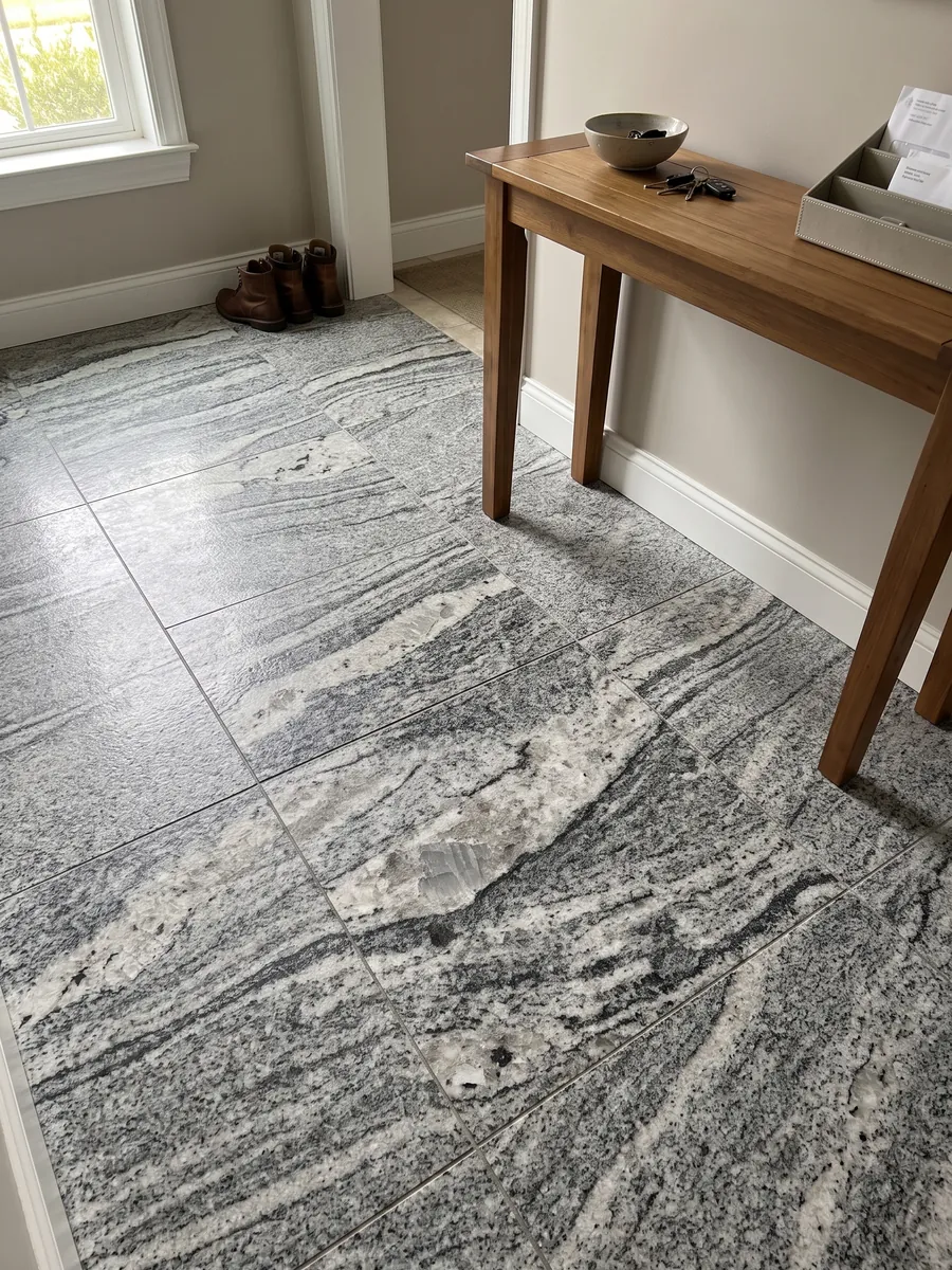 Piso de recibidor en placas grandes de granito gris Piracema White con luz natural: bandas onduladas gris y blanco con un gran fragmento claro