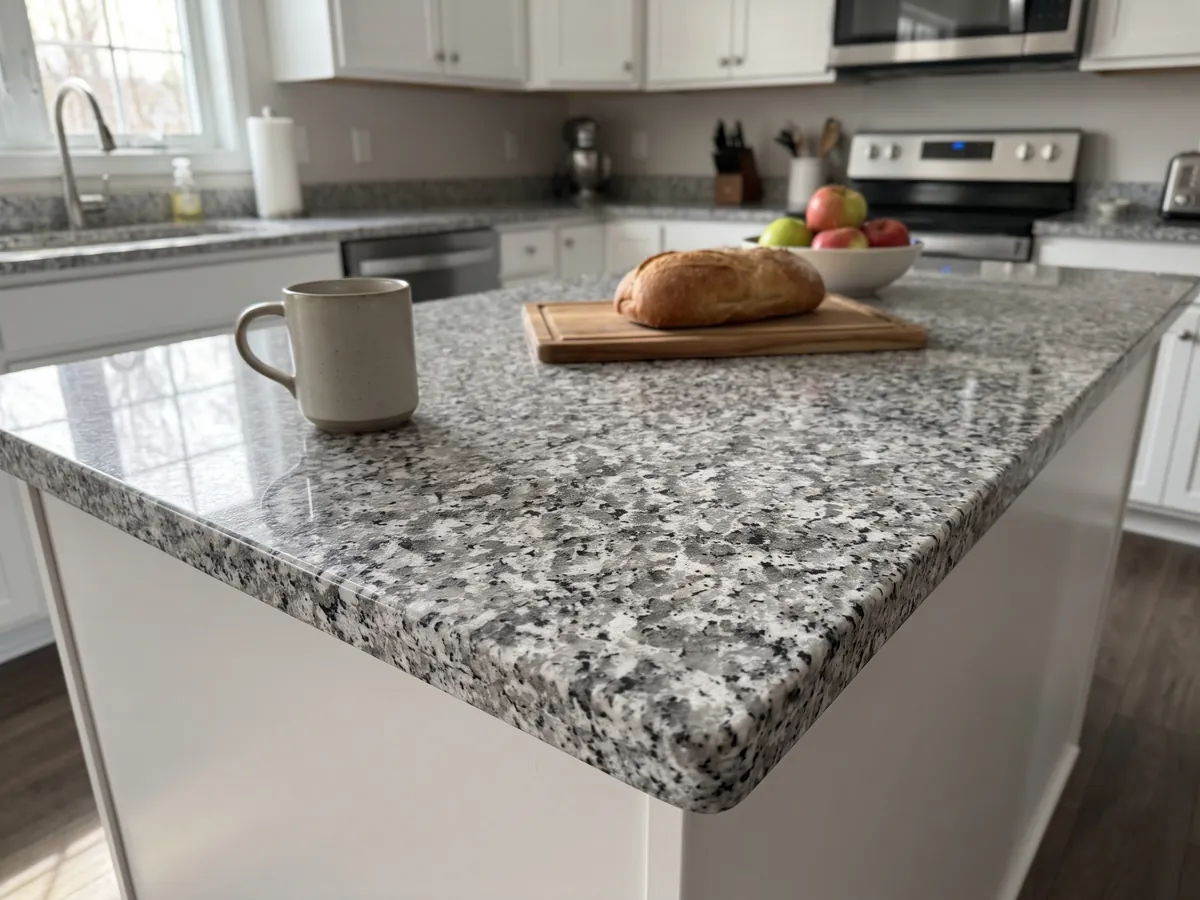 Isla de cocina con cubierta de granito gris Sardo Grigio y canto recto en una cocina con luz natural: gris claro sal y pimienta de grano medio