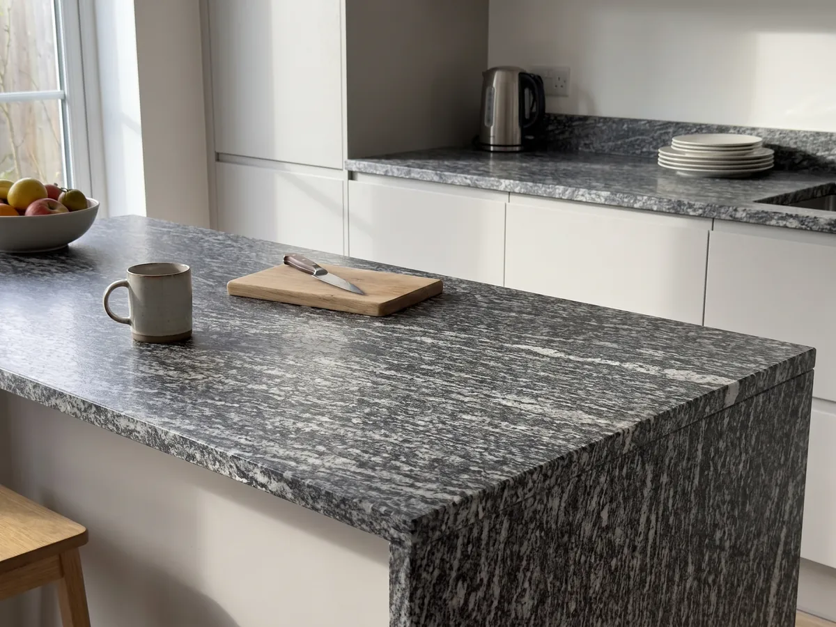 Isla de cocina con cubierta de granito gris Serizzo y canto recto en una cocina con luz natural: gris oscuro con trazos blancos alargados horizontales