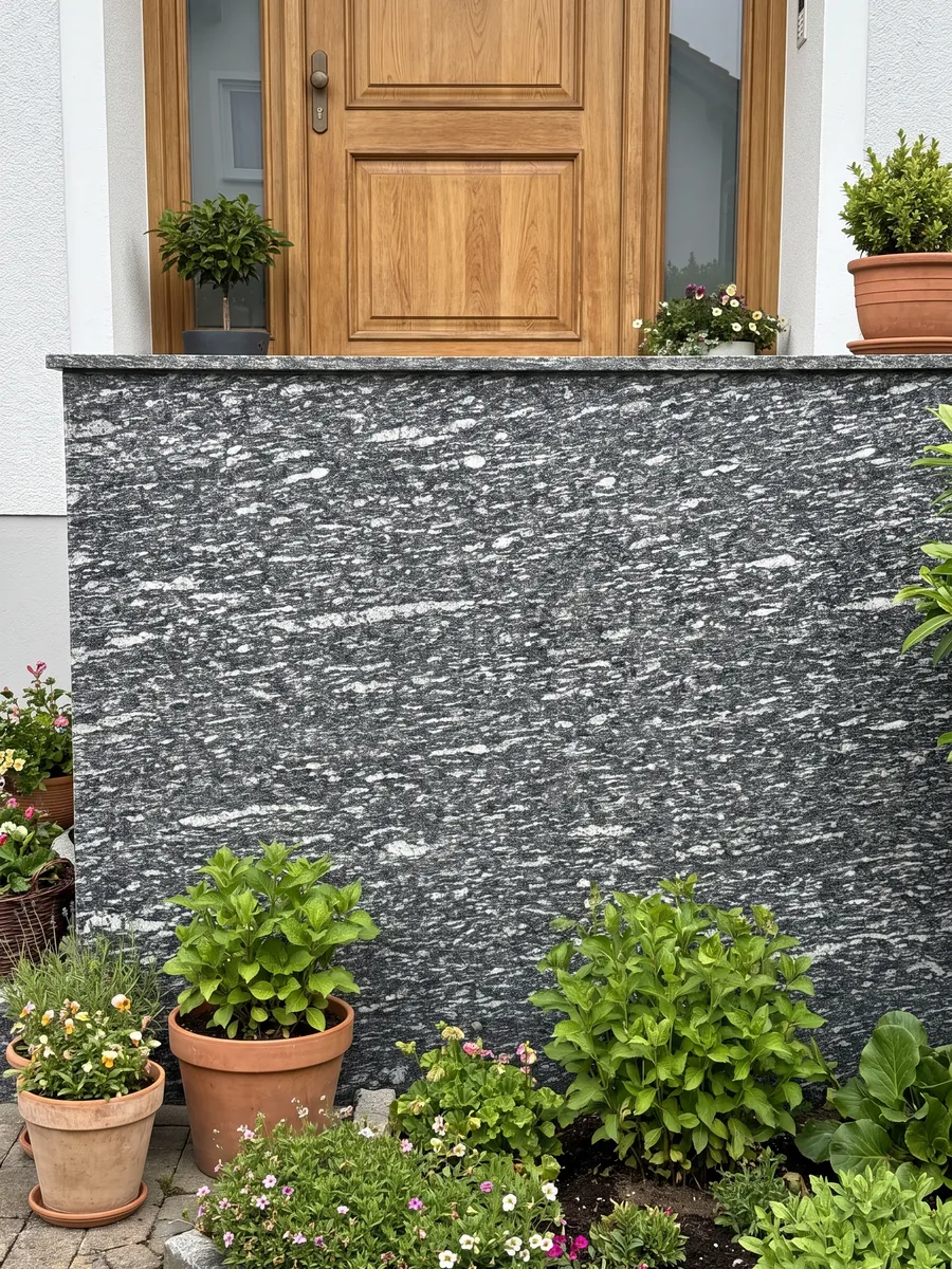 Fachada de casa revestida con granito gris Serizzo junto a una puerta de madera: gris oscuro con trazos blancos alargados horizontales