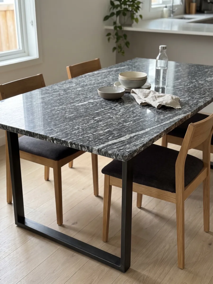 Mesa de comedor con cubierta de granito gris Serizzo sobre base de acero: gris oscuro con trazos blancos alargados horizontales