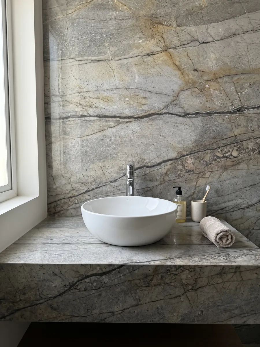 Cubierta de lavabo y pared de baño en granito gris Silver Roots con lavamanos blanco y grifería cromada: gris topo con vetas oscuras horizontales y aspecto de piedra natural