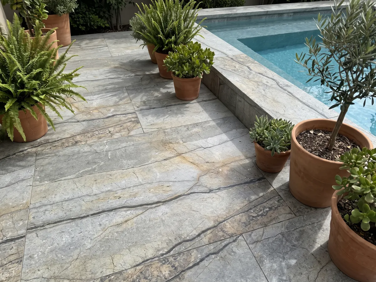 Piso de terraza y borde de piscina en granito gris Silver Roots con macetas: gris topo con vetas oscuras horizontales y aspecto de piedra natural