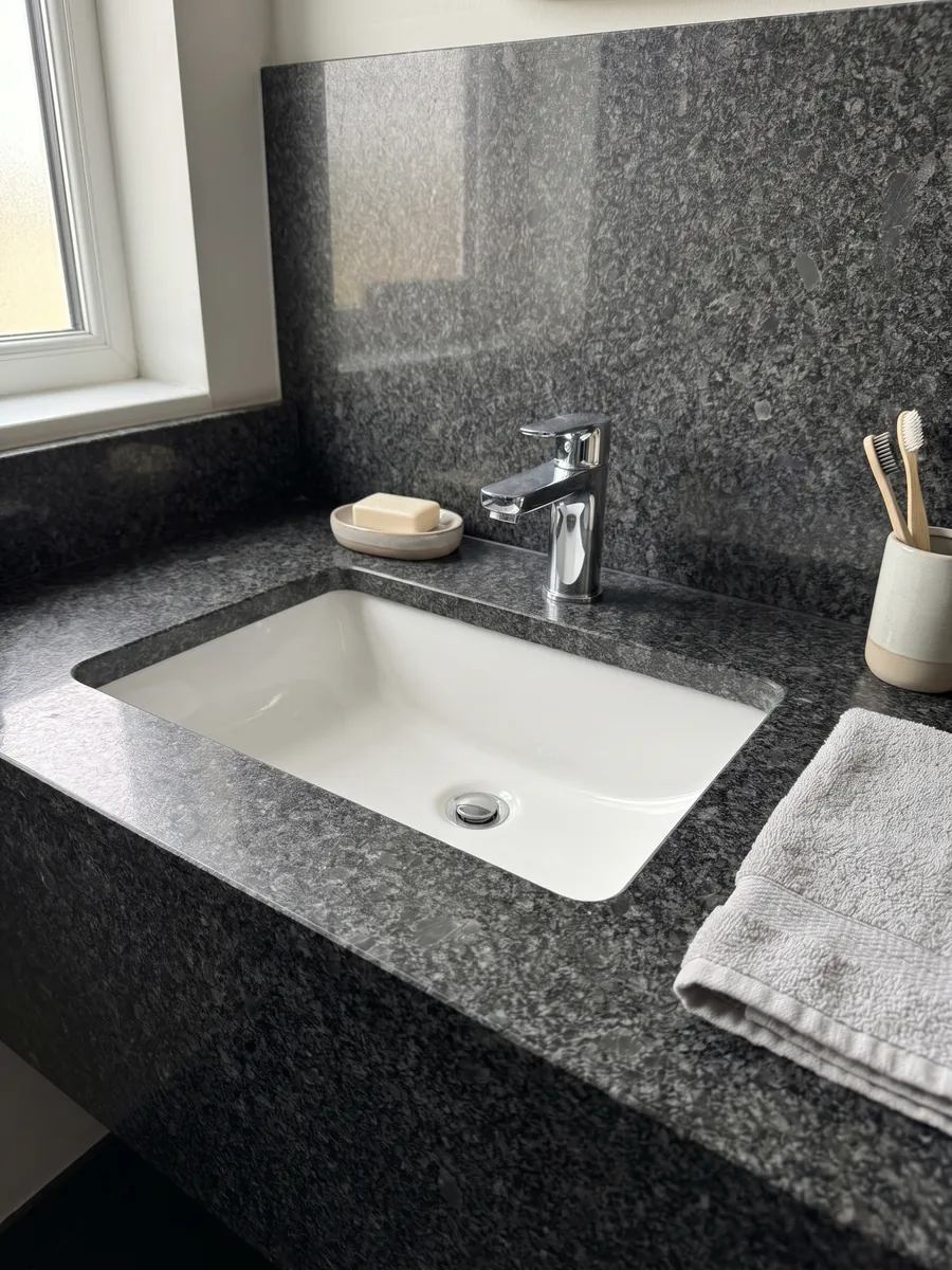 Cubierta de lavabo y pared de baño en granito gris Steel Grey con lavamanos blanco y grifería cromada: grano medio gris acero sobre fondo casi negro, con pequeñas áreas grises más claras repartidas