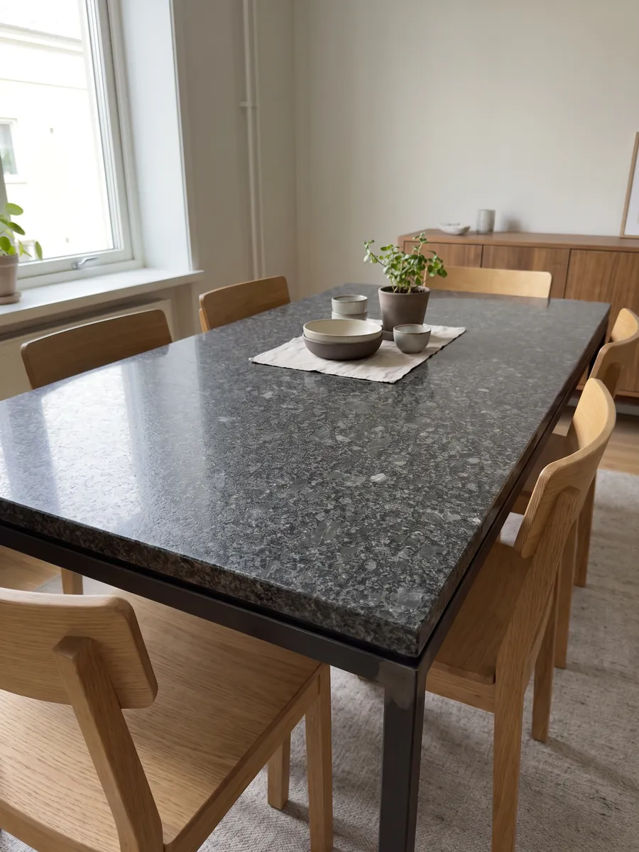 Mesa de comedor con cubierta de granito gris Steel Grey sobre base de acero: grano medio gris acero sobre fondo casi negro, con pequeñas áreas grises más claras repartidas
