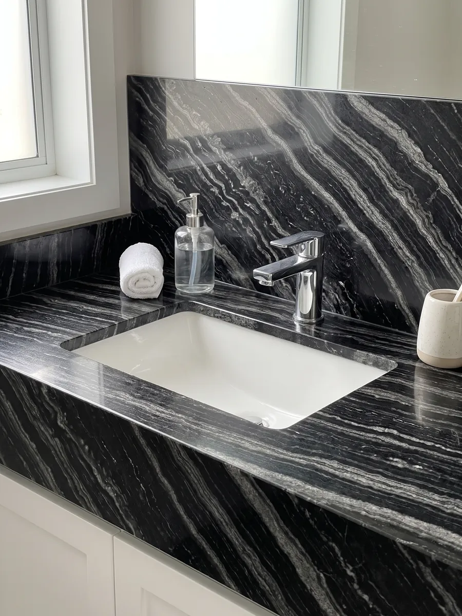 Cubierta de lavabo y pared de baño en granito negro Agata Black con lavamanos blanco y grifería cromada: negro con bandas onduladas gris plata paralelas en diagonal
