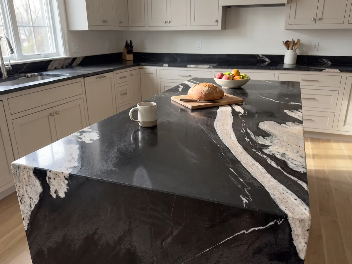 Isla de cocina con cubierta de granito negro Copacabana y canto recto en una cocina con luz natural: negro con una banda crema ondulada que cruza en diagonal