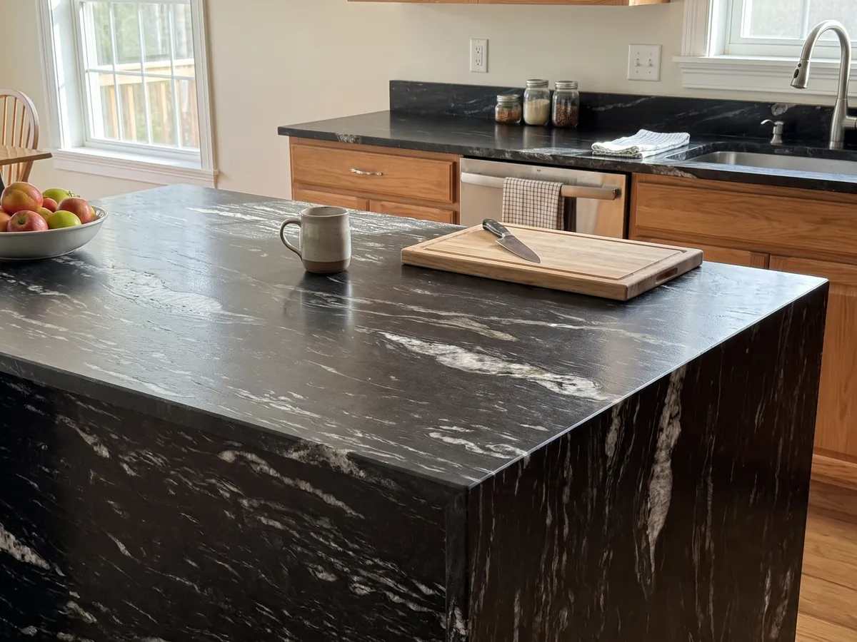 Isla de cocina con cubierta de granito negro Cosmic Black y canto recto en una cocina con luz natural: negro con trazos blancos ondulados horizontales