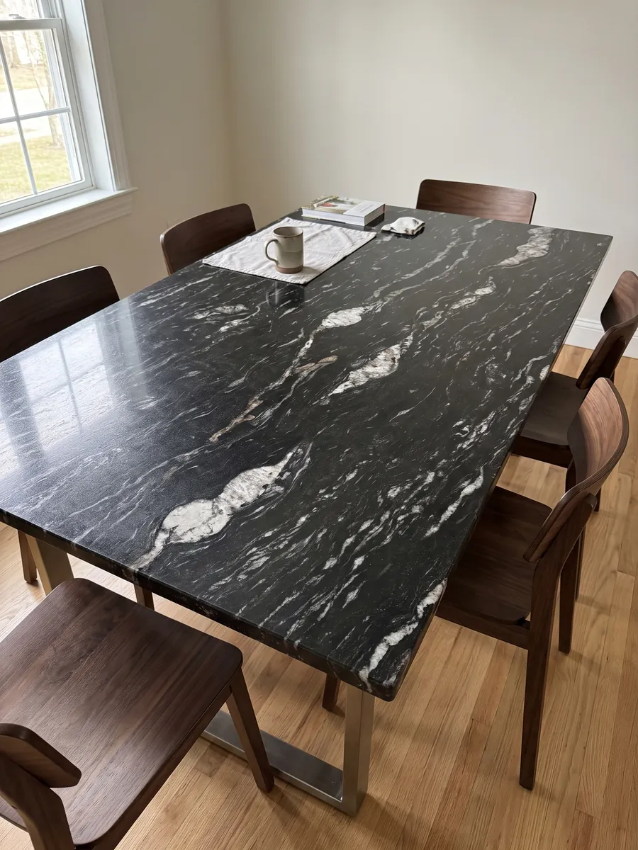 Mesa de comedor con cubierta de granito negro Cosmic Black sobre base de acero: negro con trazos blancos ondulados horizontales
