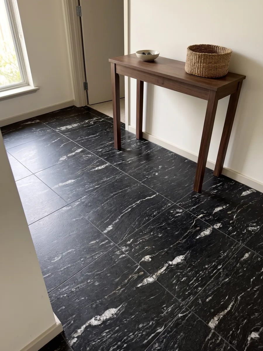 Piso de recibidor en placas grandes de granito negro Cosmic Black con luz natural: negro con trazos blancos ondulados horizontales
