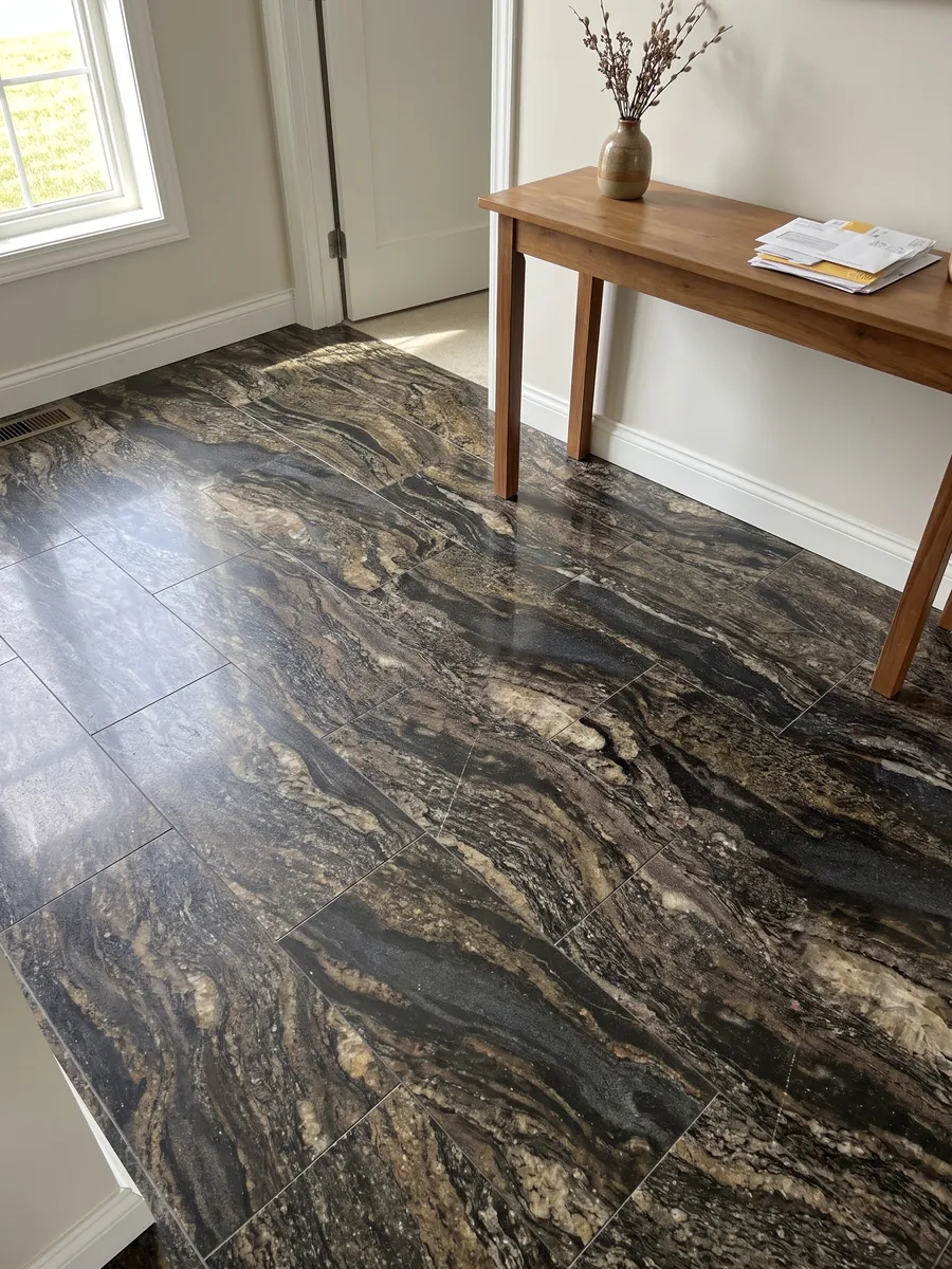 Piso de recibidor en placas grandes de granito negro Cosmic Gold con luz natural: negro con zonas doradas y bronce en ondas horizontales