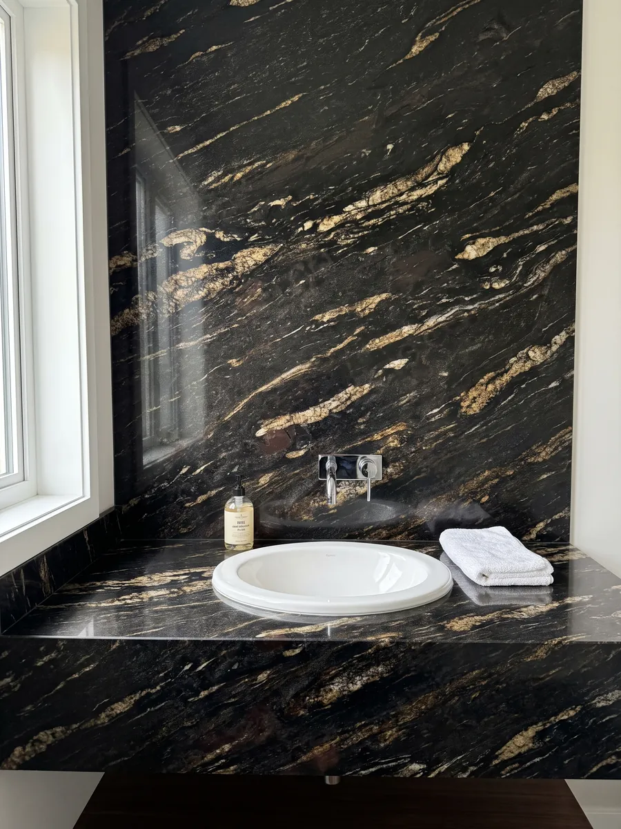 Cubierta de lavabo y pared de baño en granito negro Matrix con lavamanos blanco y grifería cromada: negro con trazos dorados alargados en diagonal