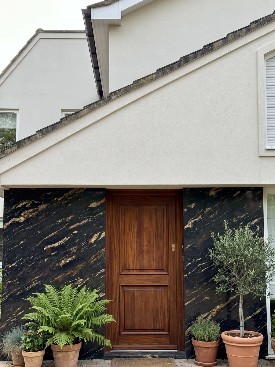 Fachada de casa revestida con granito negro Matrix junto a una puerta de madera: negro con trazos dorados alargados en diagonal