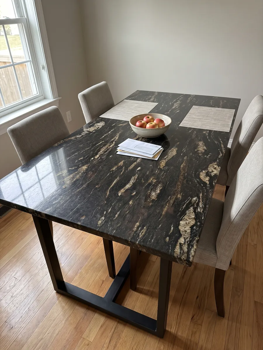 Mesa de comedor con cubierta de granito negro Matrix sobre base de acero: negro con trazos dorados alargados en diagonal
