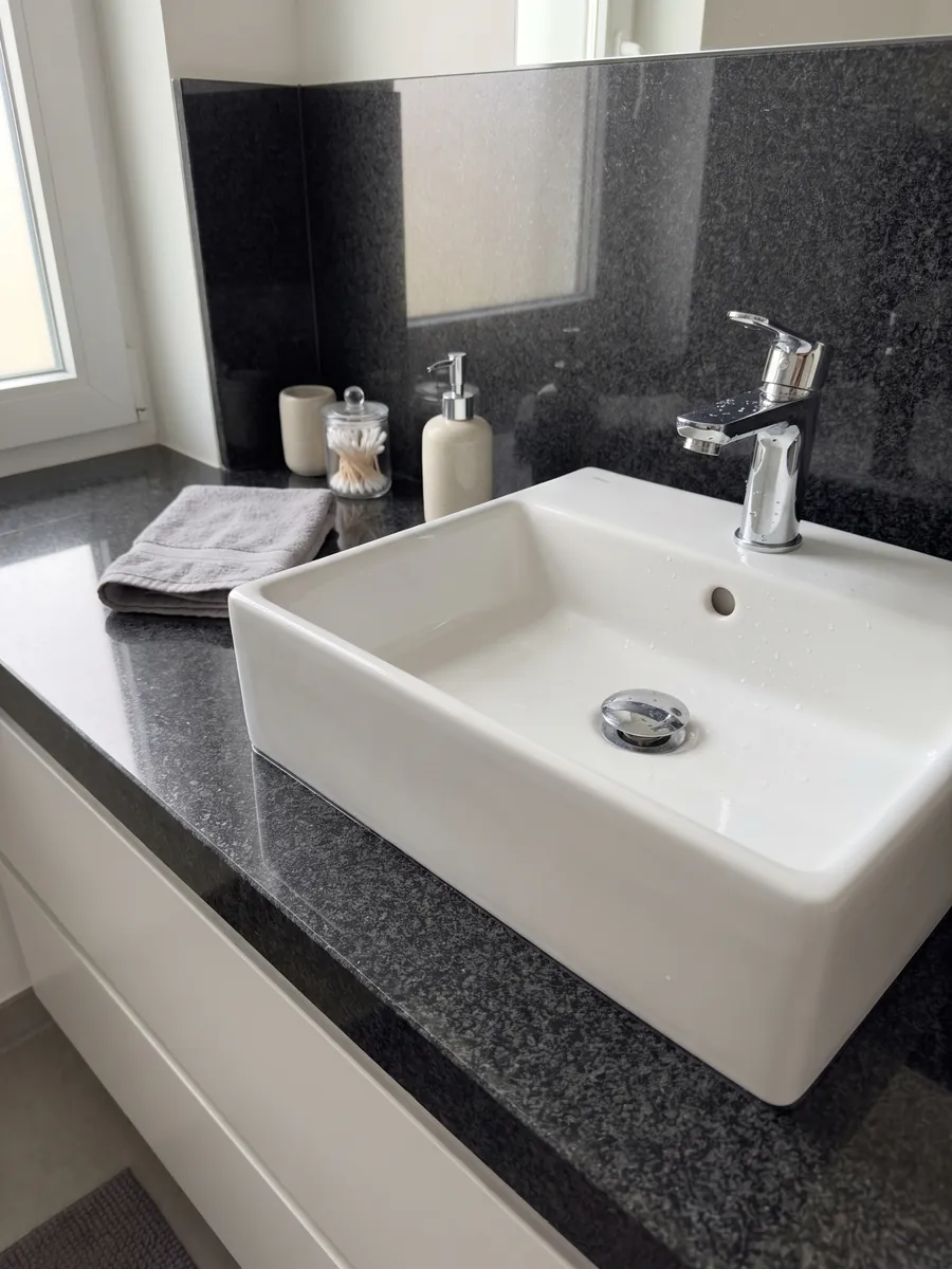 Cubierta de lavabo y pared de baño en granito negro Nero Africa con lavamanos blanco y grifería cromada: negro de grano fino uniforme con leve punteado gris