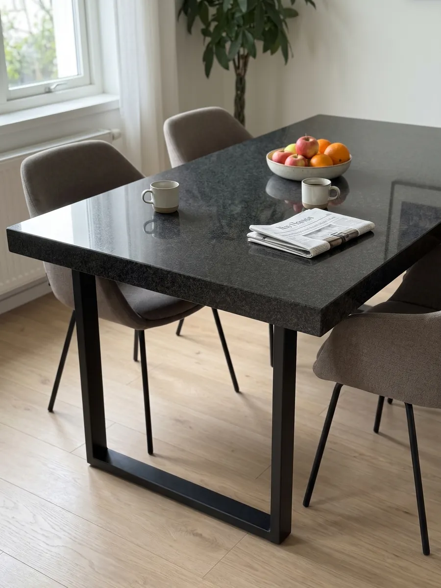 Mesa de comedor con cubierta de granito negro Nero Africa sobre base de acero: negro de grano fino uniforme con leve punteado gris