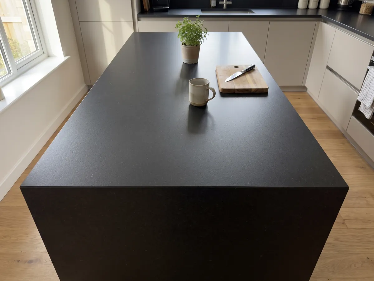 Isla de cocina con cubierta de granito negro Nero Assoluto y canto recto en una cocina con luz natural: negro uniforme sin dibujo