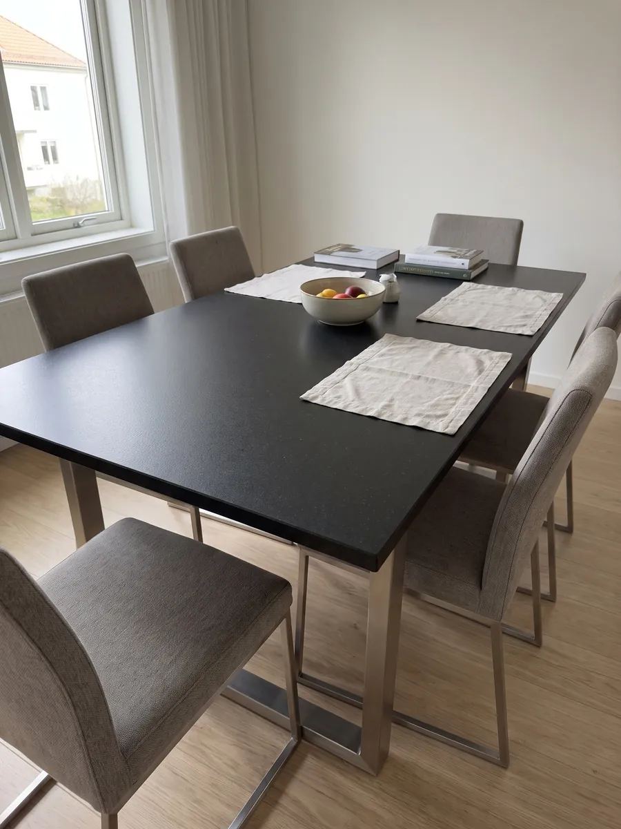 Mesa de comedor con cubierta de granito negro Nero Assoluto sobre base de acero: negro uniforme sin dibujo