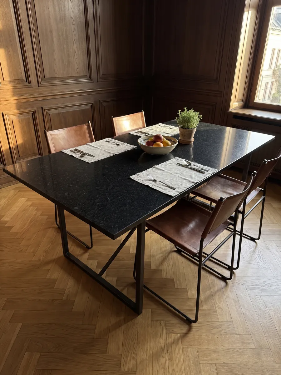 Mesa de comedor con cubierta de Granito Negro San Gabriel sobre base de acero: negro profundo de grano medio con motas gris oscuro que se ven de cerca